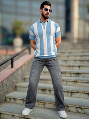 Vertical Stripe FlatKnit Cotton Blue Half Sleeve Polo T-Shirt