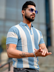 Vertical Stripe FlatKnit Cotton Blue Half Sleeve Polo T-Shirt