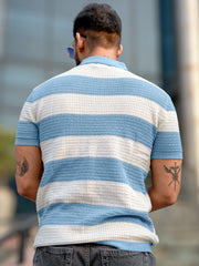 Vertical Stripe FlatKnit Cotton Blue Half Sleeve Polo T-Shirt