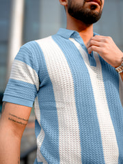 Vertical Stripe FlatKnit Cotton Blue Half Sleeve Polo T-Shirt