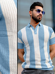 Vertical Stripe FlatKnit Cotton Blue Half Sleeve Polo T-Shirt