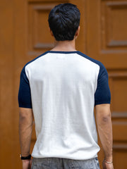 Flat Knit Raglan White Navy Half Sleeve T-Shirt