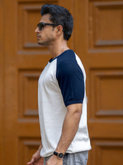 Flat Knit Raglan White Navy Half Sleeve T-Shirt