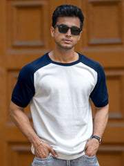 Flat Knit Raglan White Navy Half Sleeve T-Shirt