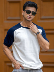 Flat Knit Raglan White Navy Half Sleeve T-Shirt