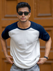 Flat Knit Raglan White Navy Half Sleeve T-Shirt