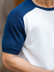 Flat Knit Raglan White Navy Half Sleeve T-Shirt