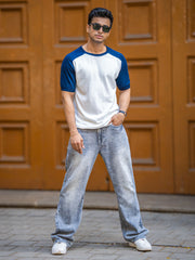 Flat Knit Raglan White Navy Half Sleeve T-Shirt