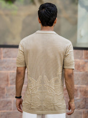 Motif Flatknit Beige Half Sleeve Shirt