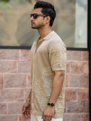 Motif Flatknit Beige Half Sleeve Shirt