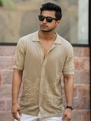 Motif Flatknit Beige Half Sleeve Shirt