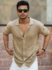 Motif Flatknit Beige Half Sleeve Shirt