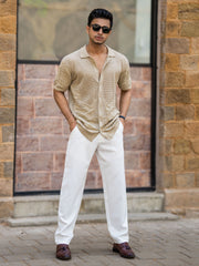 Motif Flatknit Beige Half Sleeve Shirt