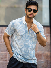 Burnout Spray Blue Half Sleeve Polo T-Shirt