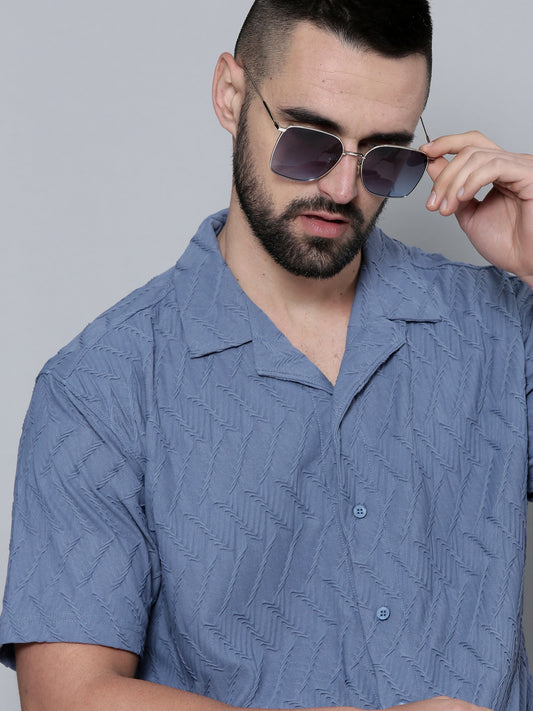 Creased Denim Blue Half Sleeve Shirt