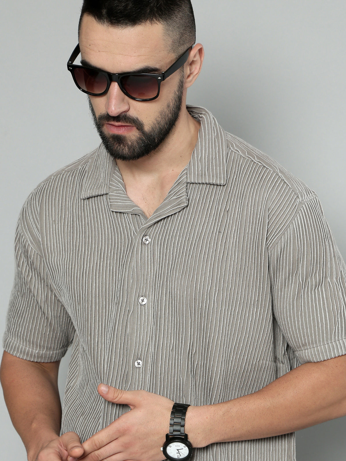 Grey half sleeve crochet shirt for men