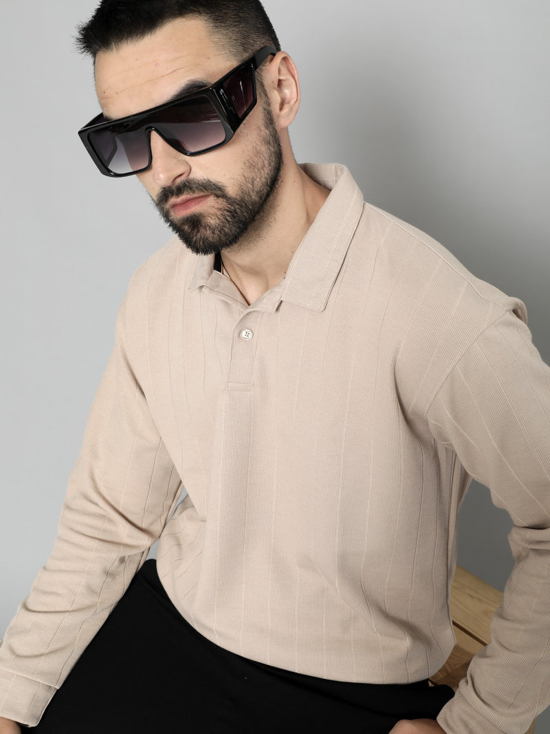 Brooklyn Beige Solid Full Sleeve Polo T-Shirt
