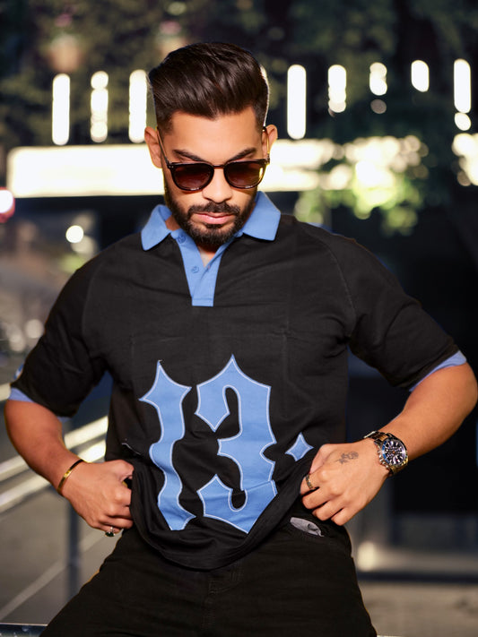 The Raglan Black Oversized Half Sleeve Polo T-Shirt