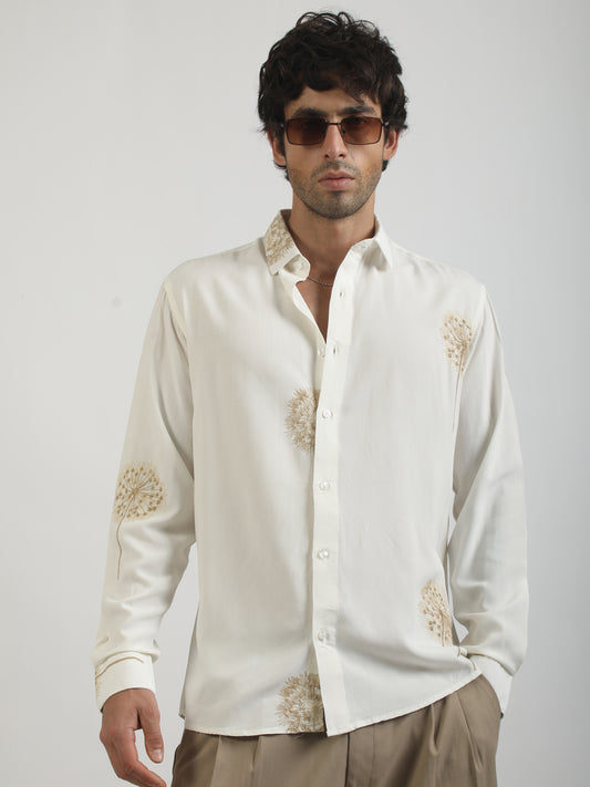 Blowball Flower Embroidery Cream Full Sleeve Shirt