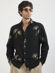 Biloba Leaf Embroidery Black Full Sleeve Shirt