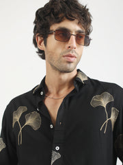 Biloba Leaf Embroidery Black Full Sleeve Shirt