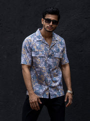 Double Pocket Multicolor Flower Printed Half Sleeve Shirt