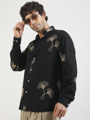 Biloba Leaf Embroidery Black Full Sleeve Shirt