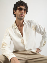 Blowball Flower Embroidery Cream Full Sleeve Shirt