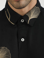 Biloba Leaf Embroidery Black Full Sleeve Shirt