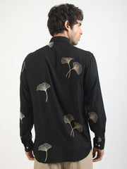 Biloba Leaf Embroidery Black Full Sleeve Shirt