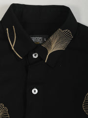 Biloba Leaf Embroidery Black Full Sleeve Shirt