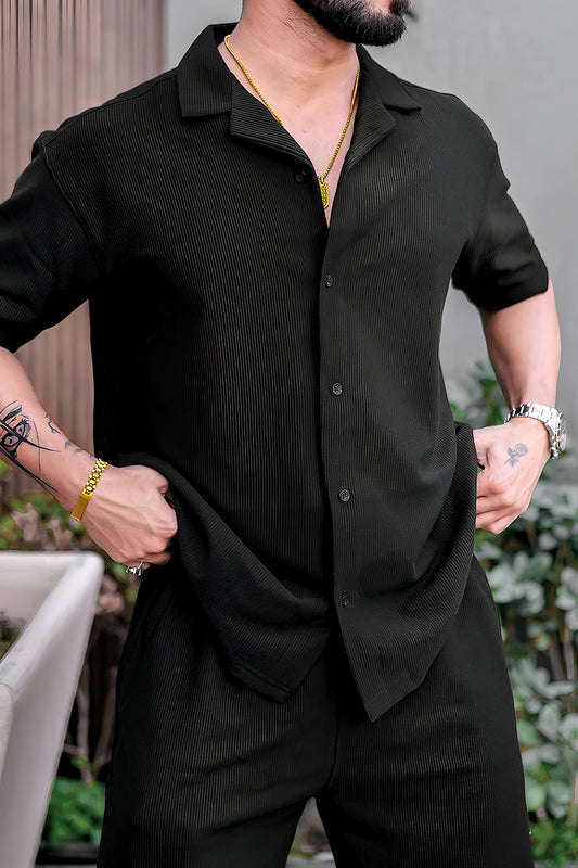 Faded Line Cord Knit Textured Black Co-Ords