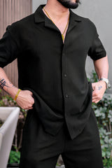 Faded Line Cord Knit Textured Black Co-Ords