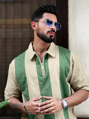 Bold Vertical Stripe Biscuit Polo Half Sleeve Tshirt
