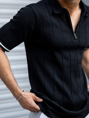 Drop Needle Black Flatknit Half Sleeve Polo T-Shirt