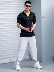 Drop Needle Black Flatknit Half Sleeve Polo T-Shirt