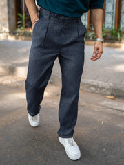 Single Pleat Navy Linen Trouser