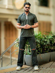 Pointel HalfZipper Olive Half Sleeve Polo T-Shirt