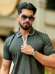 Pointel HalfZipper Olive Half Sleeve Polo T-Shirt