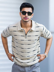 Glitchline Beige Half Sleeve Polo T-Shirt