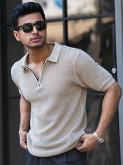 Resort Beige Flatknit Half Sleeve Polo T-Shirt