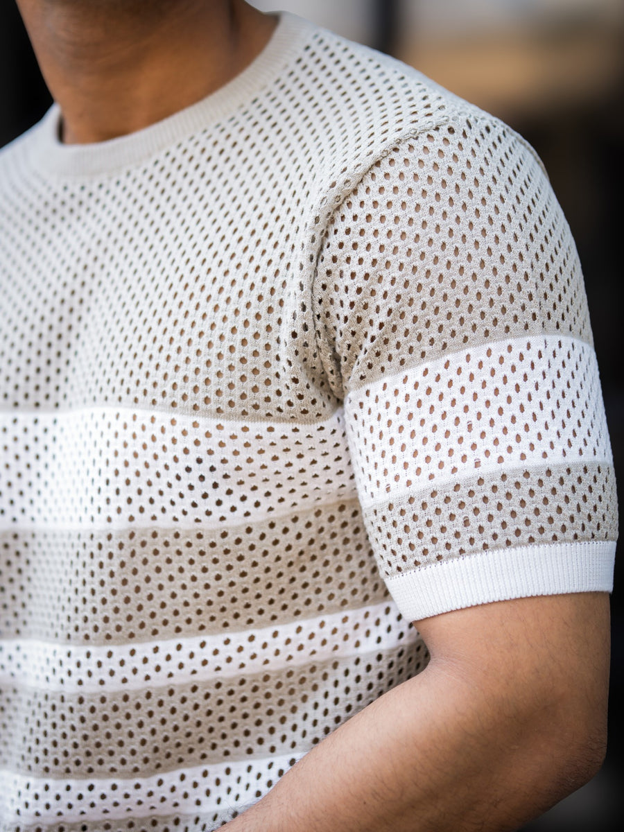 Resort Beige White Flatknit Half Sleeve T-Shirt