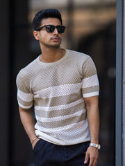 Resort Beige White Flatknit Half Sleeve T-Shirt