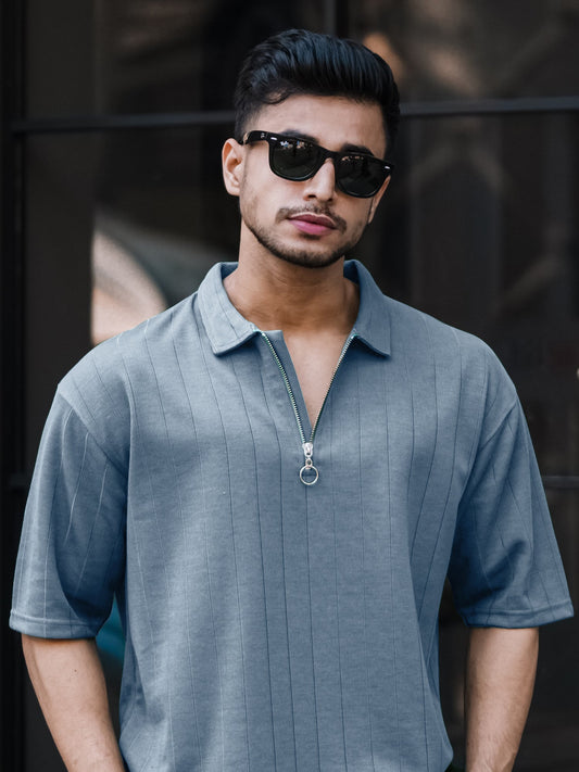Brooklyn Half Zipper Light Grey Polo Half Sleeve T-Shirt
