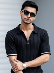 Drop Needle Black Flatknit Half Sleeve Polo T-Shirt