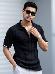 Drop Needle Black Flatknit Half Sleeve Polo T-Shirt