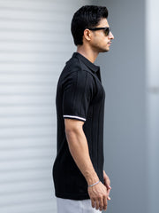 Drop Needle Black Flatknit Half Sleeve Polo T-Shirt