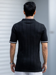 Drop Needle Black Flatknit Half Sleeve Polo T-Shirt