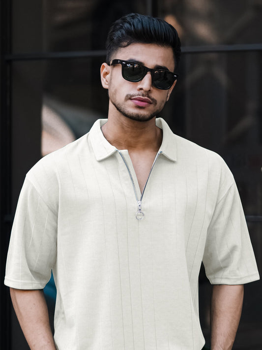 Brooklyn Half Zipper Cream Polo Half Sleeve T-Shirt