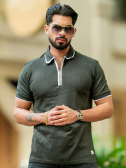 Pointel HalfZipper Olive Half Sleeve Polo T-Shirt